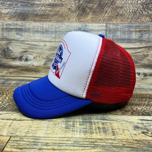Pabst Blue Ribbon Mens Trucker Hat Red White Blue Lager Beer Retro Logo Cap - Picture 4 of 8